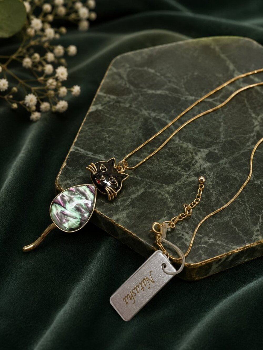 NWT Natasha Black Cat Iridescent Pendant Necklace Gold Tone Movable Tail 30"long
